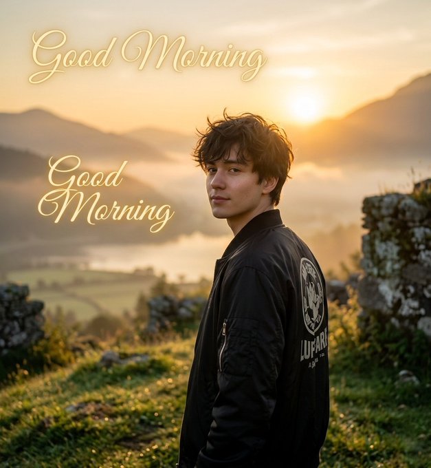 The image features a man standing on top of a hill, wearing a black jacket with a logo on his chest. The background shows a beautiful sunset over a valley or mountain range, creating a serene atmosphere. The caption "Good morning" is written above the man's head, and there are two other people in the image as well.