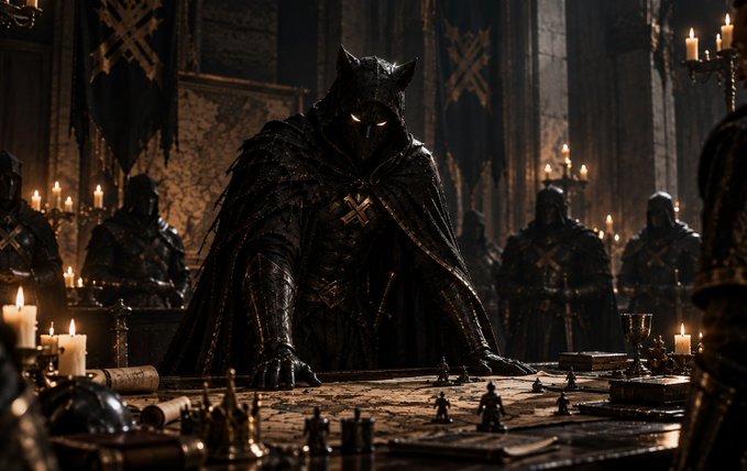 A dark, armored figure in a black wolf-like helmet and feathered cloak sits at a candlelit war table surrounded by knights and chess pieces, embodying a brooding, strategic presence. The image pairs with the motivational post by visually reinforcing the idea of staying disciplined and trusting the process even when it's frustrating—just like a commander patiently planning moves despite the slow, taxing nature of warfare.