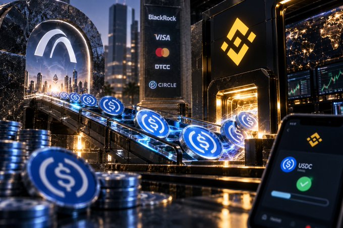 A futuristic scene showing USDC stablecoin tokens on a conveyor belt, with logos for BlackRock, Visa, Mastercard, DTCC, and Circle visible, alongside a Binance logo and a phone displaying a USDC transaction.
