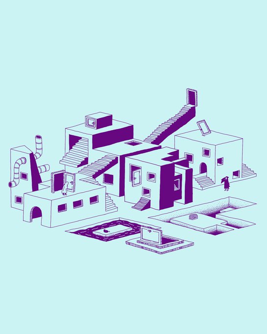 An isometric purple and teal illustration depicting an M.C. Escher-style architectural structure with stairs, buildings, and small figures, with a laptop on the ground.