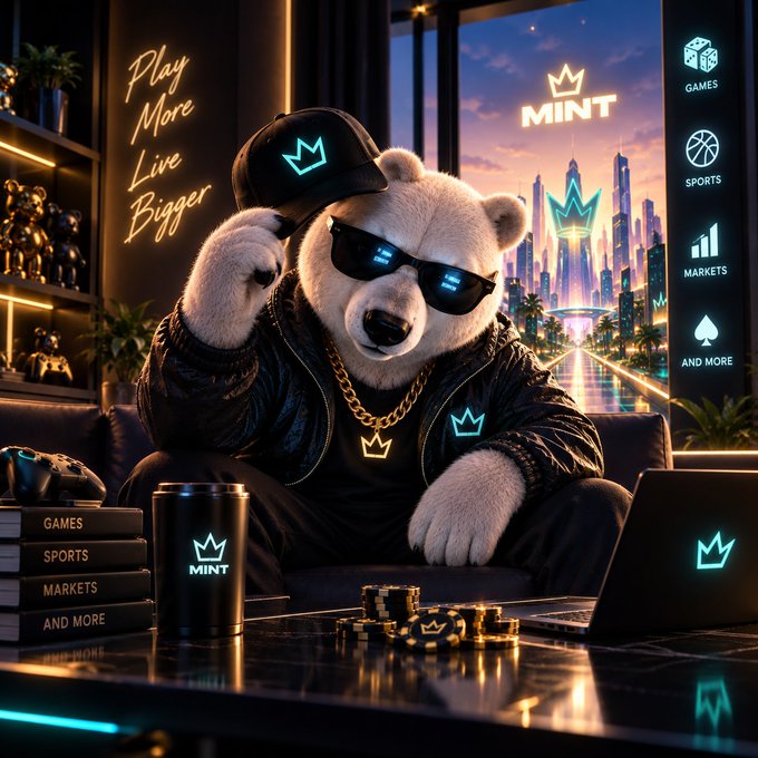 An AI-generated image features a polar bear wearing sunglasses, a black cap with a crown logo, and a gold chain, seated in a luxurious room with "Play More Live Bigger" neon signage, labeled "MINT" with sidebar categories including GAMES, SPORTS, MARKETS, and AND MORE.
