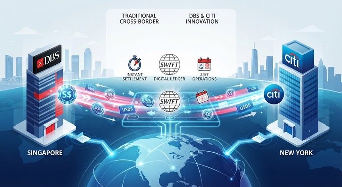An illustration comparing traditional cross-border banking between DBS in Singapore and Citi in New York with DBS & Citi innovation, featuring SWIFT, instant settlement, digital ledger, and 24/7 operations.