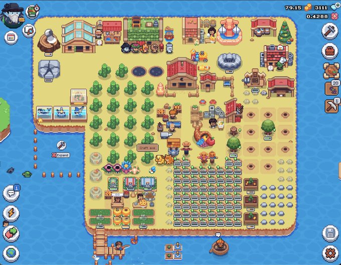 A screenshot of a pixel-art island-building mobile game showing a village with crops, buildings, characters, a fishing boat, and various UI elements with a timer of 79:15.