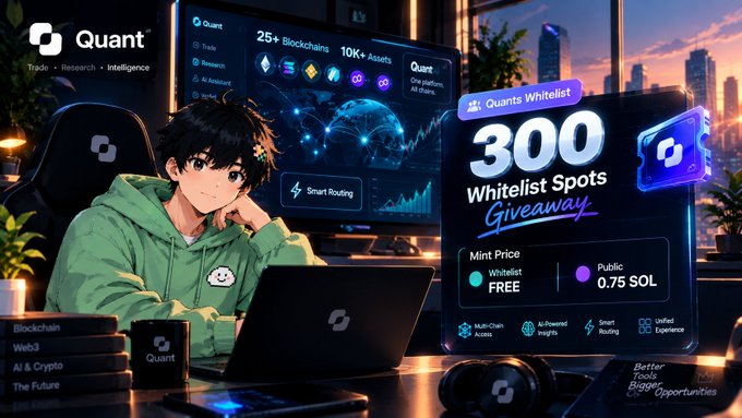 An anime-style promotional image for 'Quant' advertises a 'Whitelist Giveaway' with 300 spots, showing a green-hoodied character at a laptop displaying trading data.