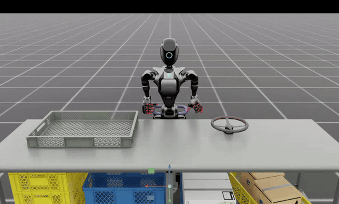 A humanoid robot with dual arms stands at a white worktable with a gray basket on the left and a wheel-like object on the right, in a 3D simulation environment with crates below.