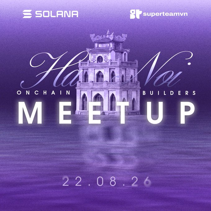 A purple-themed event poster for the Hanoi Onchain Builders Meetup hosted by Solana and SuperteamVN, featuring a historic tower over water, with the date 22.08.26 displayed at the bottom—corresponding to the August 22 meetup that was postponed due to Storm No. 4.