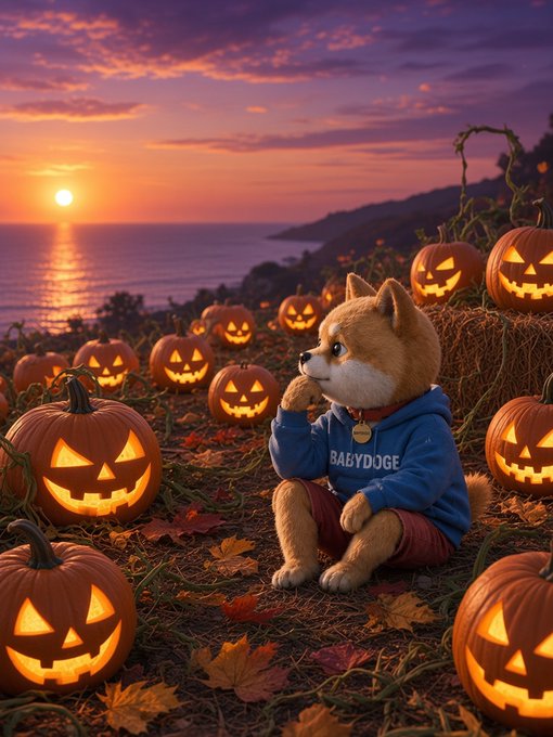 A digital illustration of a cute dog (BabyDoge) wearing a blue 'BABYDOGE' hoodie, sitting among glowing carved jack-o'-lanterns on a cliff overlooking the ocean at sunset during Halloween.