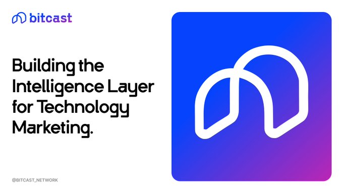 The image features the Bitcast logo and tagline "Building the Intelligence Layer for Technology Marketing," with the handle "@BITCAST_NETWORK" displayed in the bottom corner. It visually reinforces the post's message about Bitcast expanding its attention-based crypto model into AI and broader tech marketing through tools like Outfold and Stitch3.