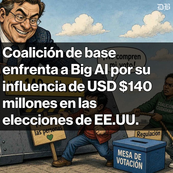 A political illustration with Spanish text reading 'Coalición de base enfrenta a Big Al por su influencia de USD $140 millones en las elecciones de EE.UU.', depicting a giant figure looming over smaller people pulling ropes near a voting box.