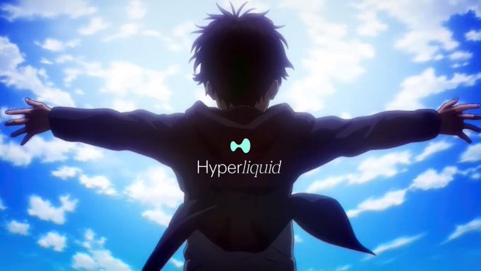 An anime-style character stands with arms outstretched against a bright blue sky, conveying a sense of triumph and upward momentum, with the "Hyperliquid" logo displayed across the chest—visually reinforcing the post's message of the platform's soaring growth and strong valuation potential.