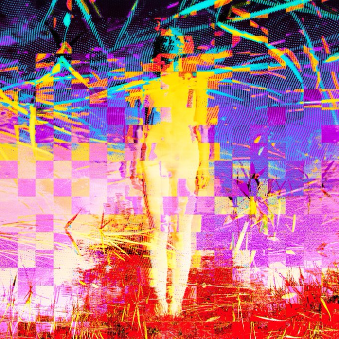 A vibrant, abstract digital painting depicts a yellow figure surrounded by glitch-like pixel patterns and chaotic splashes of purple, pink, and red.