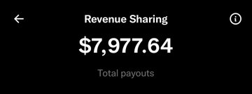 The image shows a screenshot of an app called "Revenue Sharing", which displays the total amount of money that has been shared among multiple people, as well as the total number of payments made by each person. The app's interface features a black background with white text and numbers. The main information displayed on the screen is: 
- Total payments made: $8,974.64 (rounded to nearest dollar)