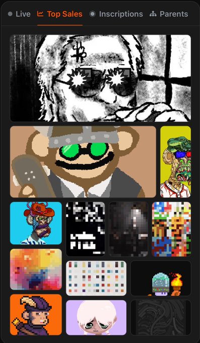 The image shows a phone screen displaying an app called "Top Sales" with various art pieces, including cartoon characters such as a monkey wearing sunglasses. The app also features a section for selling bitcoin artwork. The background of the image is black, which contrasts with the colorful and vibrant artworks displayed on the screen.
