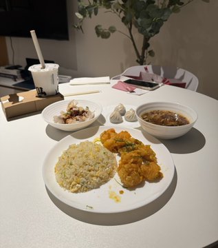 A dinner plate with fried chicken pieces, fried rice, dumplings, and a side dish with sauce, on a white table.