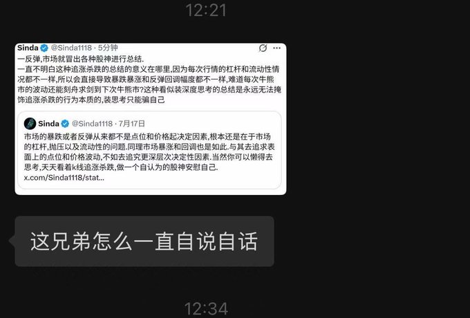A Chinese-language Twitter screenshot shows user @Sindat118 posting philosophical musings about market cycles and "stick-handle" (主) and "fluidity" (流动性), with a separate text message below from another user commenting "这兄弟怎么一直自说自话" ("Why does this guy keep talking to himself"). The post context about blocking "eternal bearish morons" who "snipe sarcastically" contrasts with the image, which appears to mock Sinda for seemingly detached, abstract market commentary that comes across as self-directed monologue rather than engaging with others.