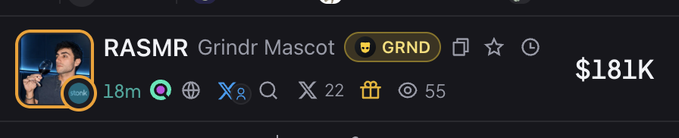 A profile banner for 'RASMR' on Grindr Mascot showing a market cap of '$181K' alongside social media icons.