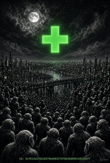 A dark, surreal illustration depicting a massive crowd facing a glowing green cross over a moonlit cityscape, with a contract address 'CA: 0xf014a3782e6979bd965376f6638d90914820ebff' at the bottom.