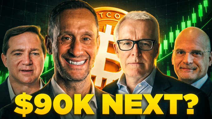 A promotional thumbnail featuring four men alongside a large Bitcoin logo, with a green stock chart background and bold yellow text reading "$90K NEXT?" The imagery aligns with the post's Bitcoin price discussion, teasing a potential rally to $90K while featuring Michael Howell and other financial analysts.