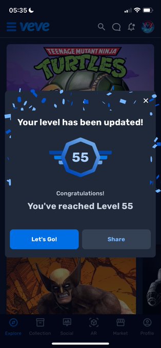 A screenshot of the VeVe app showing a level-up notification congratulating the user on reaching Level 55, with Teenage Mutant Ninja Turtles artwork visible in the background.