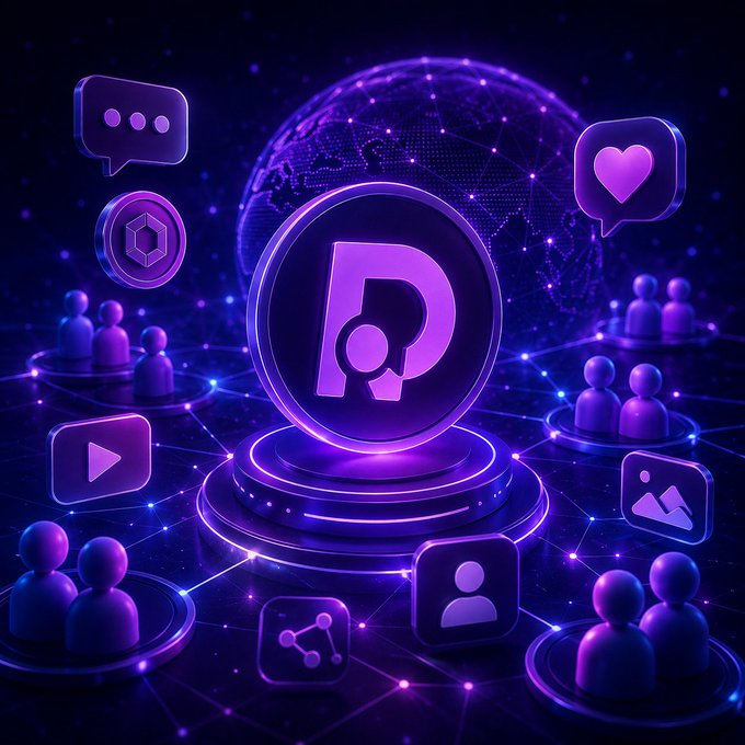 The image depicts a futuristic scene with a large purple coin at the center surrounded by various social media icons such as speech bubbles, emojis, and logos representing different platforms like Twitter, Instagram, Facebook, and Snapchat. The coin serves as a focal point for the digital world depicted in the image. The post emphasizes the importance of active participation within the Web3 ecosystem, where users can engage with others, create content, and contribute to the development of new features and services.