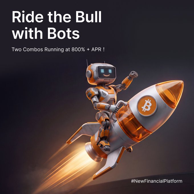 A futuristic orange-and-white robot rides a rocket emblazoned with the Bitcoin logo, soaring into a dark sky. The promo reads "Ride the Bull with Bots – Two Combos Running at 800%+ APR!" and "#NewFinancialPlatform," visually reinforcing the post's message about bot-driven crypto futures combos hitting massive APRs as BTC surges past $78K.