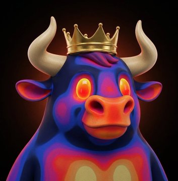 A colorful 3D rendered character of a bull with a glowing, multi-colored body in red, purple, and blue, wearing a gold crown on a dark background.