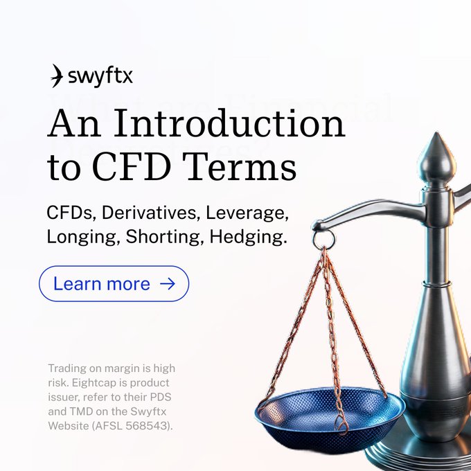 A promotional graphic for 'swyftx' is titled 'An Introduction to CFD Terms,' listing topics like 'CFDs, Derivatives, Leverage, Longing, Shorting, Hedging,' next to an image of a vintage balance scale.