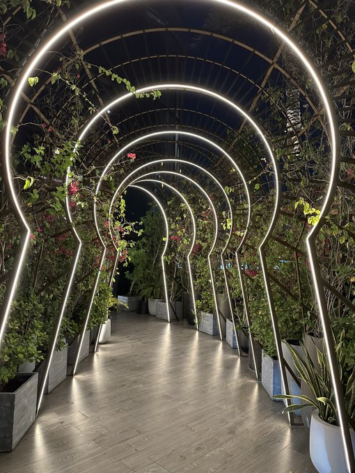 A series of illuminated, arched neon tunnels line a lush, plant-filled walkway at night, creating a striking and immersive atmosphere. The setting reflects Bybit's upscale, exclusive VIP experience in Dubai, matching the elegance and sophistication of their invite-only gathering for elite traders, investors, and partners across the MENA region.