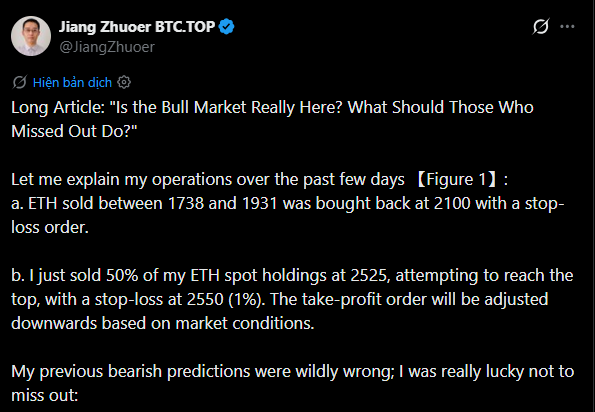 A tweet by @JiangZhuoer titled "Long Article: 'Is the Bull Market Really Here? What Should Those Who Missed Out Do?'" discussing ETH trading operations.