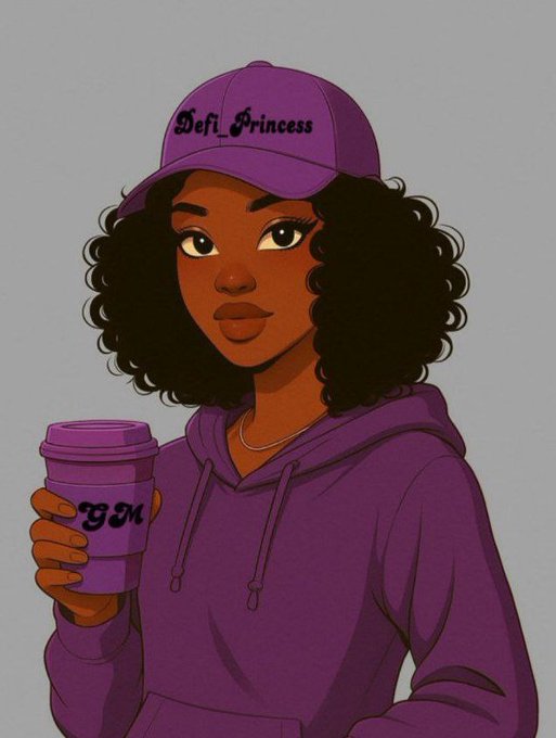The image features a woman wearing a purple hoodie and a purple baseball cap with "Defi" written on it. She is holding a coffee cup, which has the word "Glo" printed on it. The caption above the image reads "Good morning & Happy New Month A new month means new opportunities to build, ship, and innovate."