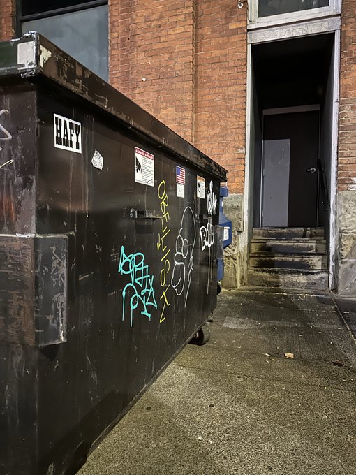 A black dumpster covered in graffiti, including a 'HAFF' sticker and tags like 'OVER 42', sits in an alleyway next to a brick building with an open doorway.