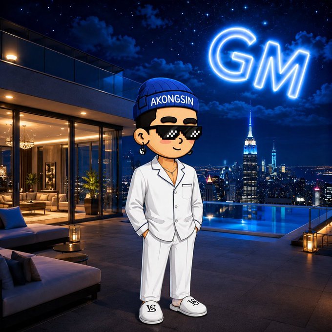 A cool cartoon character in white pajamas and a blue "AKONGSIN" beanie with pixelated sunglasses stands on a luxurious rooftop terrace overlooking the New York City skyline at night, with a glowing neon "GM" sign in the sky—perfectly matching the post's "Good morning, investors" hype message about starting the day motivated and ready to trade.