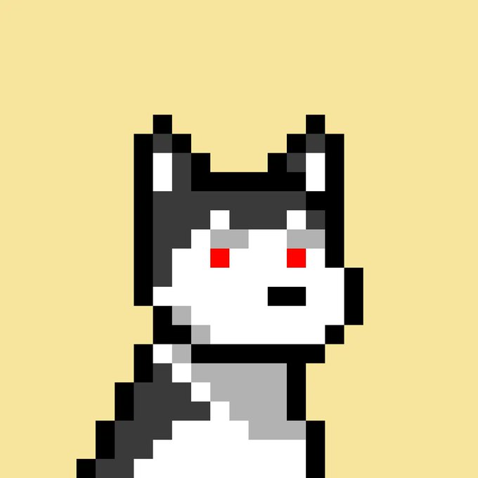 The image features a black and white dog with red eyes, standing against a yellow background. The caption of the image reads "Happy to have joined the Doginal dog community! Shout out to @lil_defi for the hookup! Do dogs follow dogs?" This suggests that the image is related to a post on the Doginal community where people are discussing and sharing their experiences with dogs, including the unique features of this particular black and white dog.