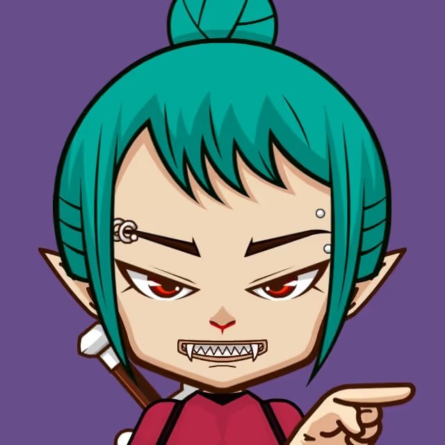 An illustration of a chibi-style anime character with teal hair tied in a topknot, red eyes, fangs, and pointed ears, pointing to the side against a purple background.