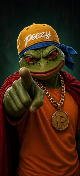 A green anthropomorphic turtle character wearing a yellow cap with 'Peezy' written in white, a blue bandana, gold chain with a 'P' medallion, orange shirt, and red cape, pointing at the viewer.