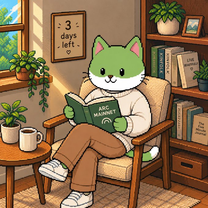 A cozy pixel-art style illustration of a cute green and white cat character wearing a white sweater and brown pants, sitting comfortably in a beige armchair while reading a green book labeled "ARC MAINNET". The scene includes a window with sunlight streaming in, a potted plant on a side table next to a white coffee mug, a framed "3 days left" sign with a heart on the wall, and a bookshelf filled with books titled "KINFOLK", "LIVE BEAUTIFULLY", "The Five Minute Journal", and other titles.
