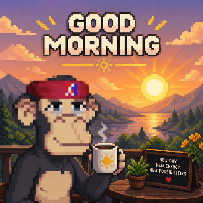 Pixel art image of a monkey wearing a red headband holding a coffee mug with 'GOOD MORNING' text and a sign reading 'NEW DAY NEW ENERGY NEW POSSIBILITIES' against a sunrise backdrop.