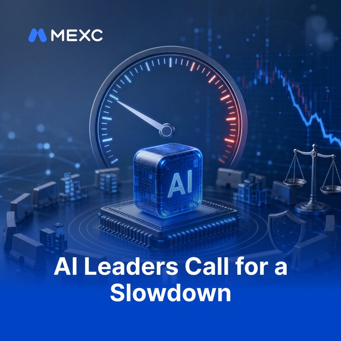 The image, branded with the MEXC logo, features a glowing blue "AI" chip at its center, surrounded by a speedometer, scales of justice, a shield, and a downward-trending market chart—visually echoing the post's message that AI leaders are calling for a slowdown, with Nasdaq 100 futures down ~1.1% and S&P 500 futures down ~0.5% as the AI trade faces pressure.