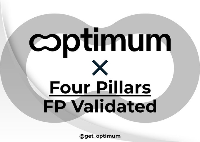 A graphic displaying the 'optimum' logo alongside the text 'Four Pillars FP Validated' and the handle '@get_optimum'.