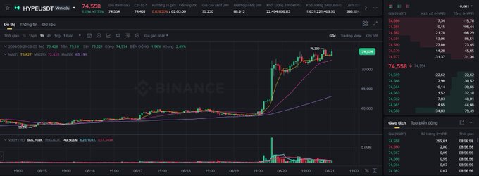 A Binance trading chart displays the HYPEUSDT perpetual contract showing a price of 74,558 with a notable upward spike in the candlestick pattern.