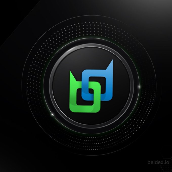 The image shows the Beldex logo—a stylized "B" formed by interlocking green and blue shapes—set within a glossy black circular emblem surrounded by dotted concentric rings, with "beldex.io" watermarked in the bottom right corner. The design visually reinforces the post's message about privacy being embedded into Beldex's core infrastructure, symbolizing a secure, technology-driven network where privacy is fundamental rather than optional.