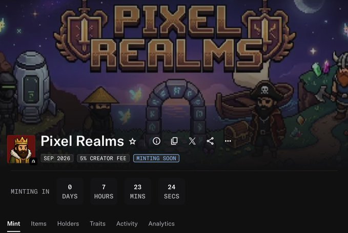 Promotional page for 'Pixel Realms' NFT collection with a 5% creator fee, showing a countdown of 7 days, 23 hours, 24 minutes until minting, featuring pixel-art pirates and fantasy characters.