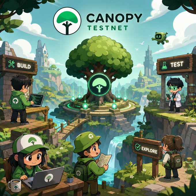 A colorful illustration for 'CANOPY TESTNET' shows cartoon characters labeled 'BUILD', 'TEST', and 'EXPLORE' engaging in activities around a glowing tree.