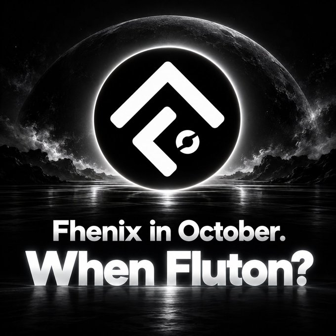 Black and white graphic with a glowing logo featuring an 'F' shape, set against a moon and ocean backdrop, with the text 'Fhenix in October. When Fluton?'
