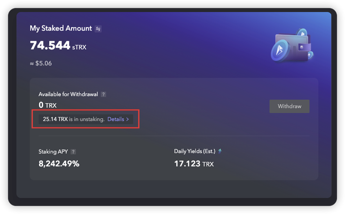 The image displays a screenshot from a trading app for Staked TRX. The app screen indicates that $74,948 has been stakered into the platform, and it's available for use for exchanging tokens between users as well. It also shows details about the token transaction such as its value and daily yield information. In addition to this, there are two figures in the image with text: "Daily Viability" and "Withdrawal". The overall appearance of the screenshot suggests that Staked TRX is being used for trading purposes by users, and they are receiving rewards and income from their token transactions.