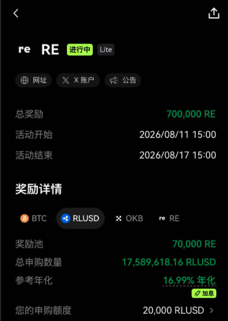 The image displays an OKX "RE Flash Earnings" activity page for the RE token (Lite version) offering 700,000 RE in total rewards, with a 16.99% reference annualized yield plus an additional bonus on a 20,000 RLUSD subscription quota. The post explains that participants can stack OKX's 10% RLUSD promotional yield with RE Flash Earnings' 17% displayed rate (~13.5% extra after the 3.5% RLUSD base), achieving up to ~23.5% annualized returns for users running multiple accounts.