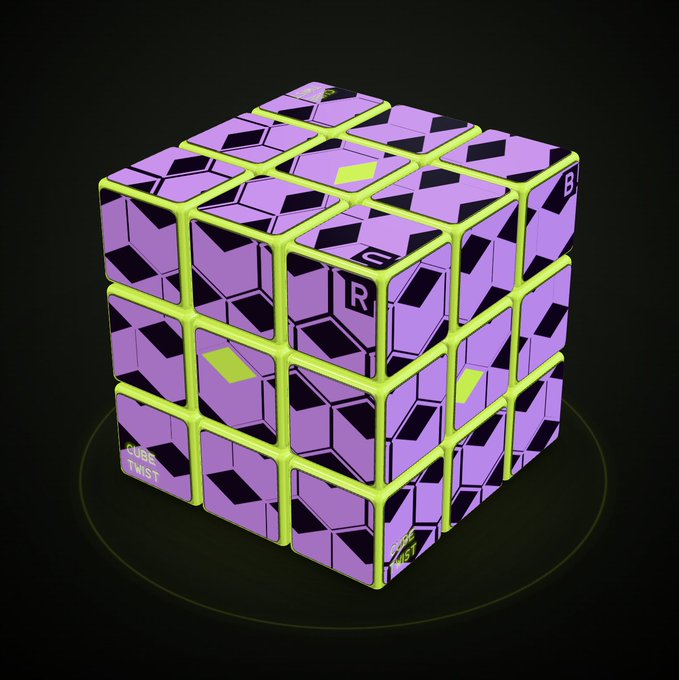 A 3D rendered 'Cube Twist' puzzle in purple and yellow-green with geometric patterns and labeled faces including 'B', 'R', and 'O'.