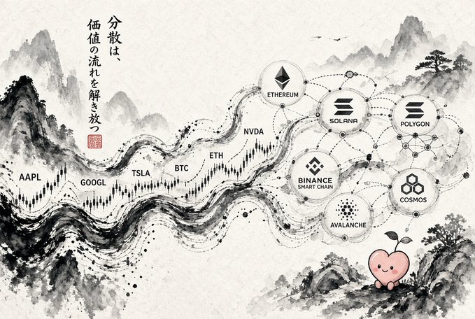 A Japanese-style ink painting illustration features a flowing river representing stocks and crypto, with labels for AAPL, GOOGL, TSLA, BTC, ETH, NVDA, Ethereum, Solana, Polygon, Binance Smart Chain, Avalanche, and Cosmos, alongside Japanese text and a kawaii apple character.