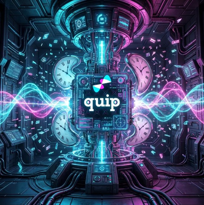 A cyberpunk-style digital artwork featuring a futuristic machine surrounded by melting clocks, sound waves, and floating particles, with a central screen displaying the word 'quip' alongside a colorful logo.