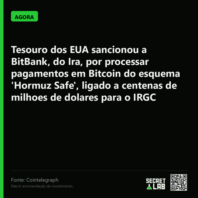 A black graphic with a green border and an 'AGORA' tag displays Portuguese text stating that the US Treasury sanctioned BitBank, linked to Iran, for processing Bitcoin payments from the 'Hormuz Safe' scheme allegedly sending hundreds of millions to the IRGC, sourced from Cointelegraph with a Secret Lab logo and QR code.